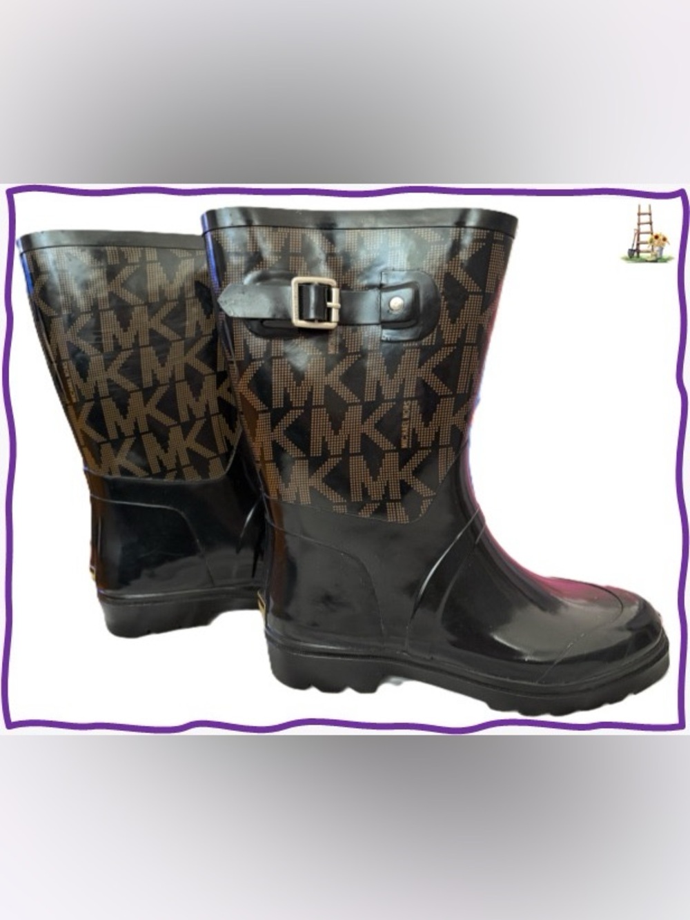 Michael Kors Black and Brown MK Logo Rain Boots with Buckle
